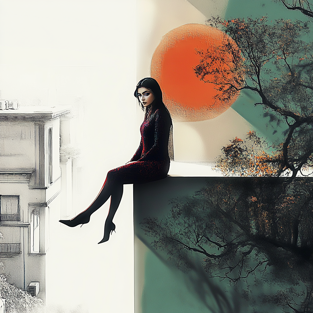 Frau in rotem Kleid sitzt auf einer Kante vor modernem Hintergrund mit Sonne und Bäumen
