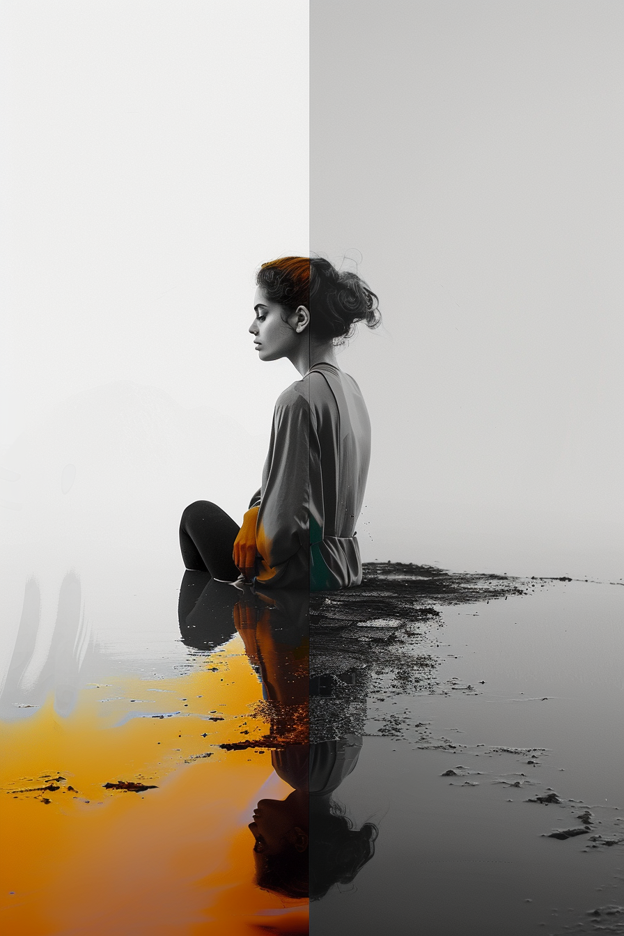 Minimalistische Komposition einer Frau am Ufer: linke Seite farbig mit warmen Orangetönen, rechte Seite in Schwarzweiß. Das Wasser spiegelt ihre Silhouette – Symbol für Dualität, Stille und Selbstreflexion.
