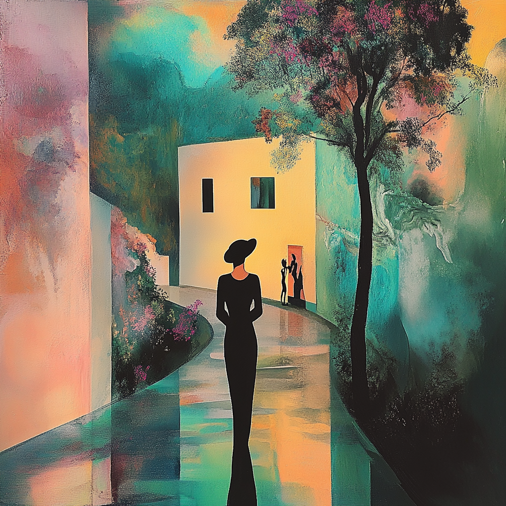 Frau in schwarzer Silhouette auf einem farbenfrohen Weg vor modernen Gebäuden und Bäumen in surrealistischer Landschaft
