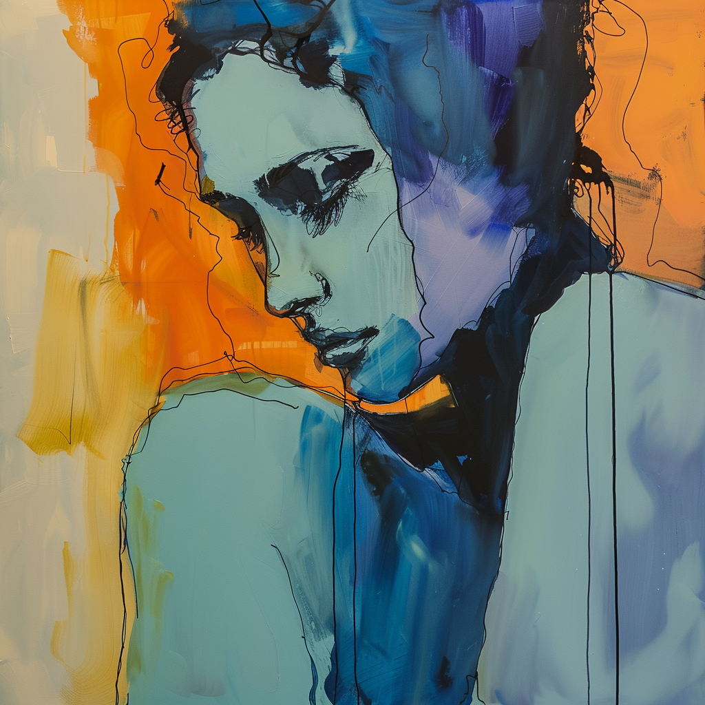 Poetisches Porträt einer Frau in Blau und Orange, in sich versunken, gemalt in emotionaler, fließender Linienführung.
