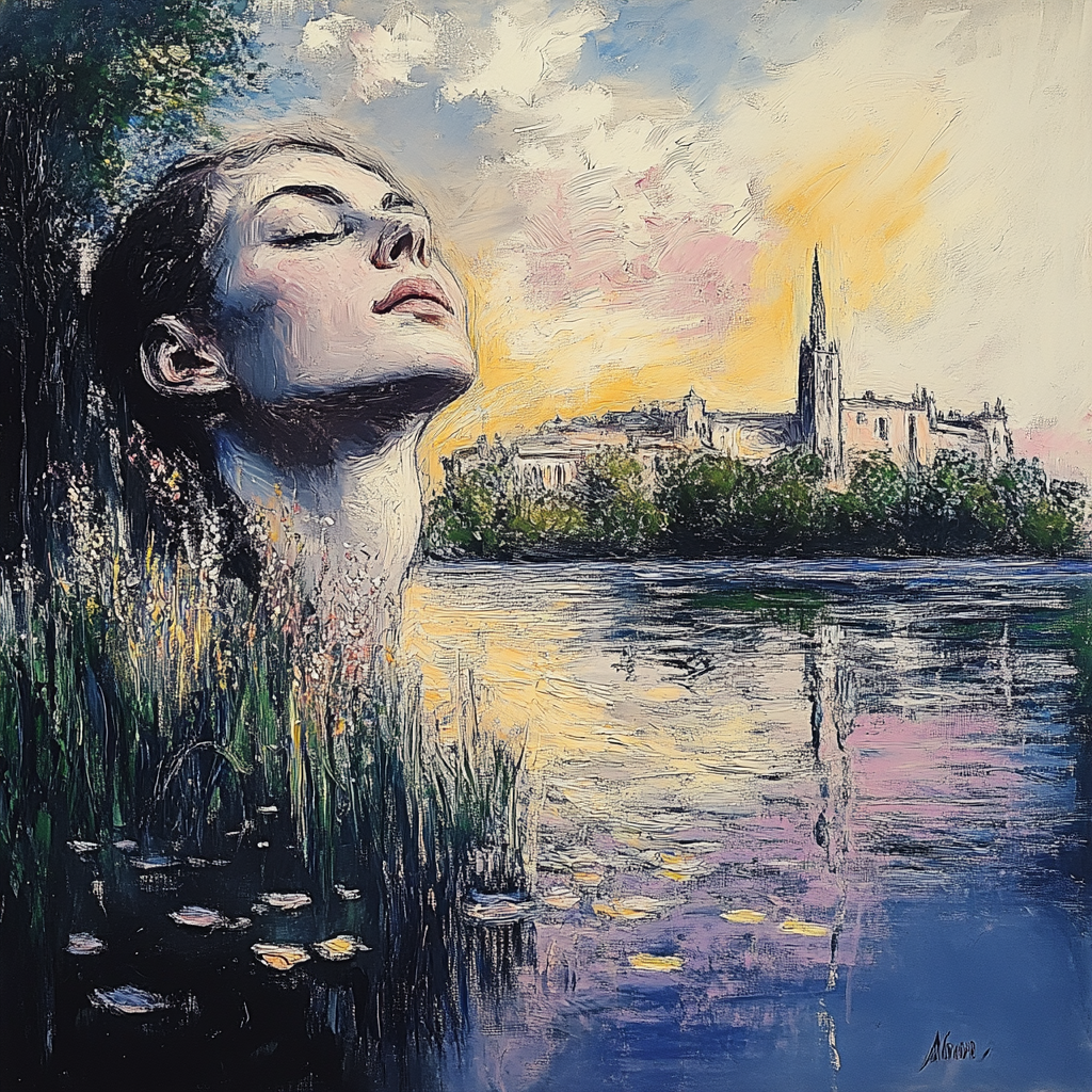 Porträt einer Frau, die aus einem See auftaucht, im Hintergrund ein Schloss bei Sonnenuntergang
