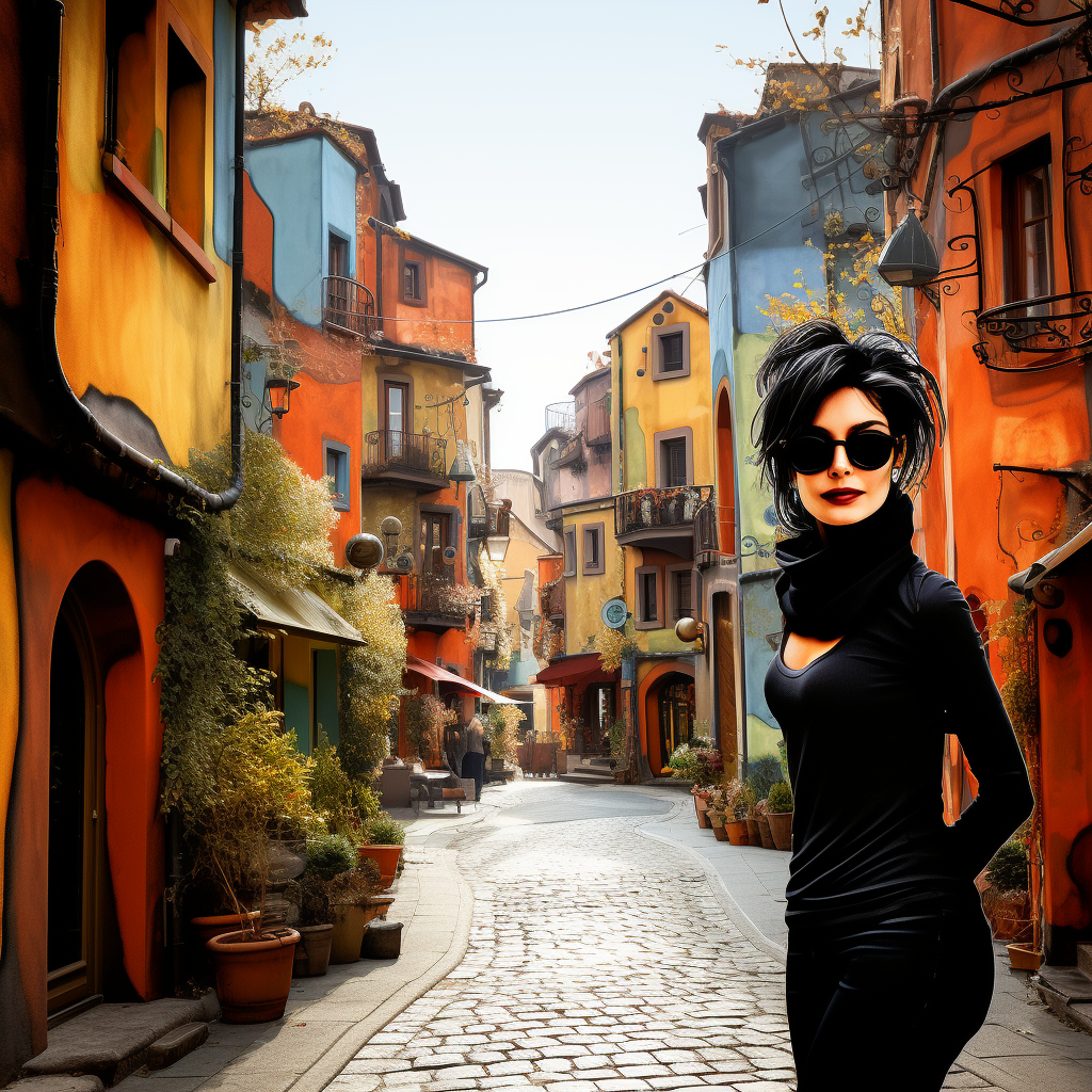 Stilvolle Frau mit Sonnenbrille in einer farbenfrohen Altstadt
