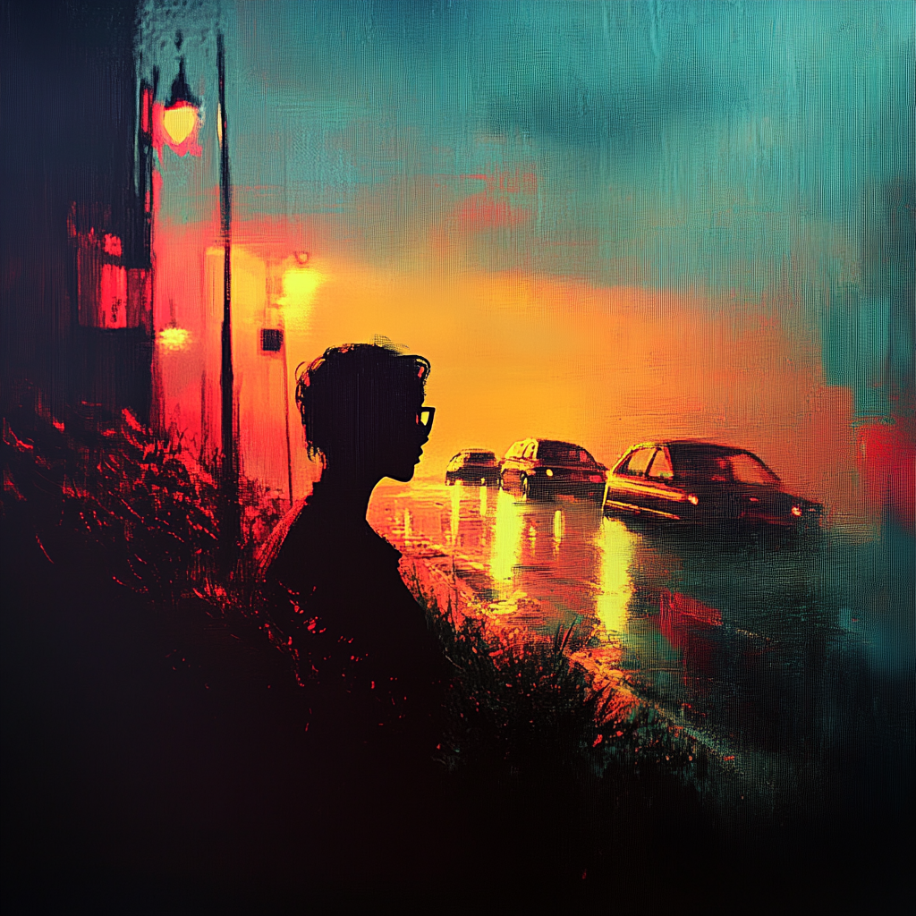 Stimmungsvolles Gemälde einer Frau bei Nacht im Regen mit vorbeifahrenden Autos und Lichtreflexen
