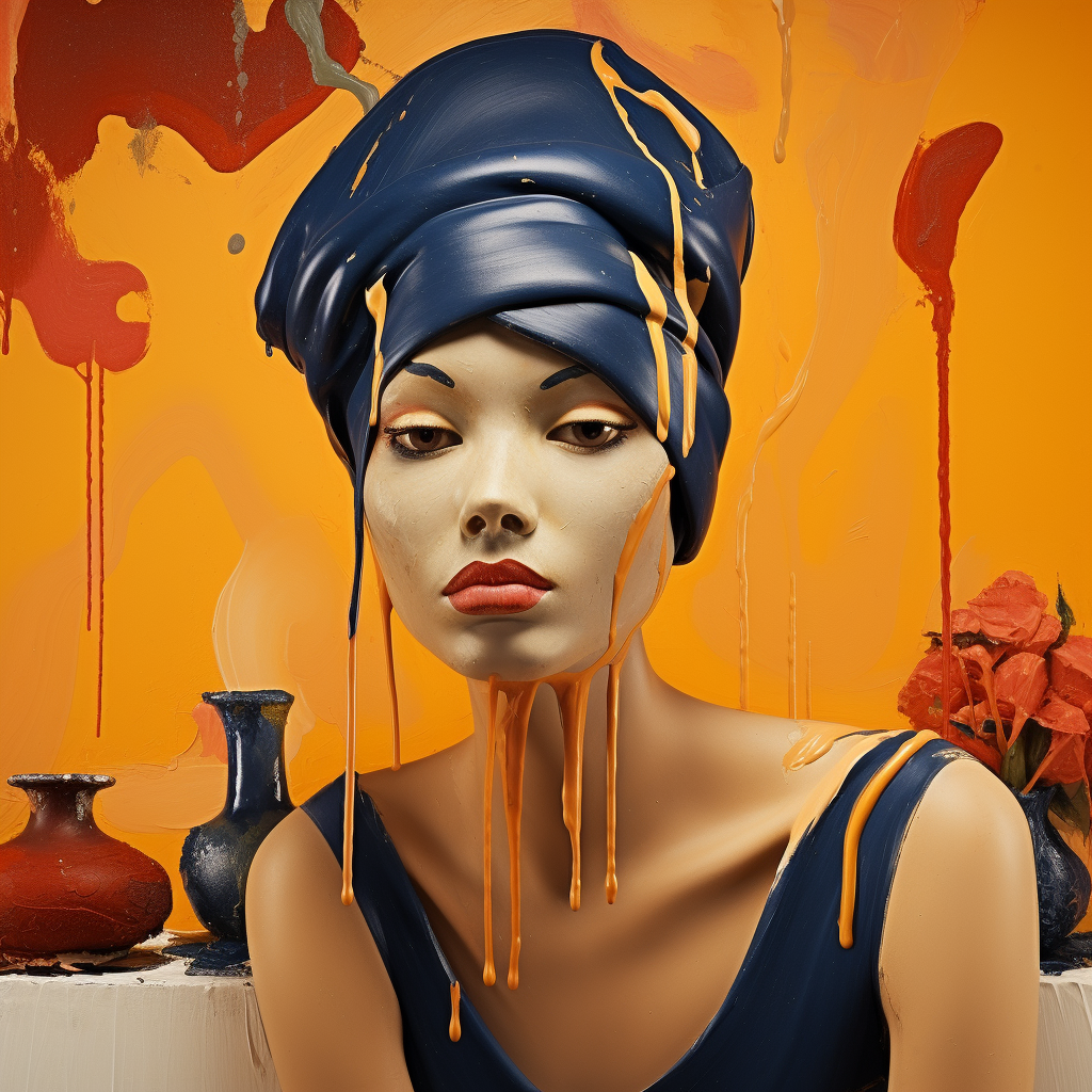 Porträt einer Frau mit blauem Turban und orangen Farbtropfen vor warmem Hintergrund
