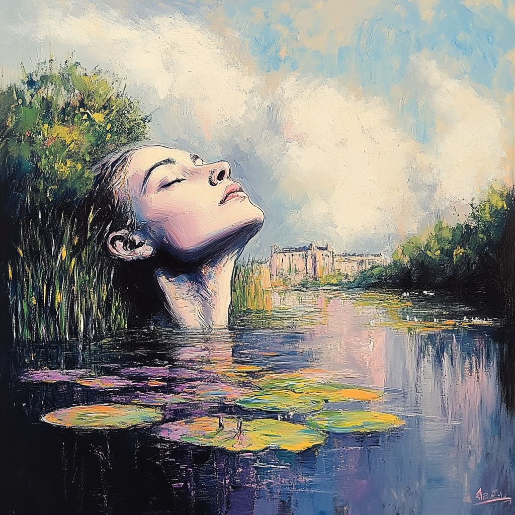 Porträt einer Frau mit erhobenem Kopf, die aus einem See mit Seerosen auftaucht
