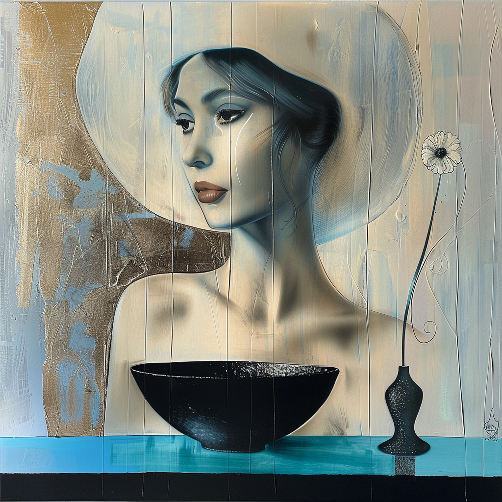 Porträt einer Frau mit großem Hut, Schale und Blume in zarten Blau- und Beigetönen
