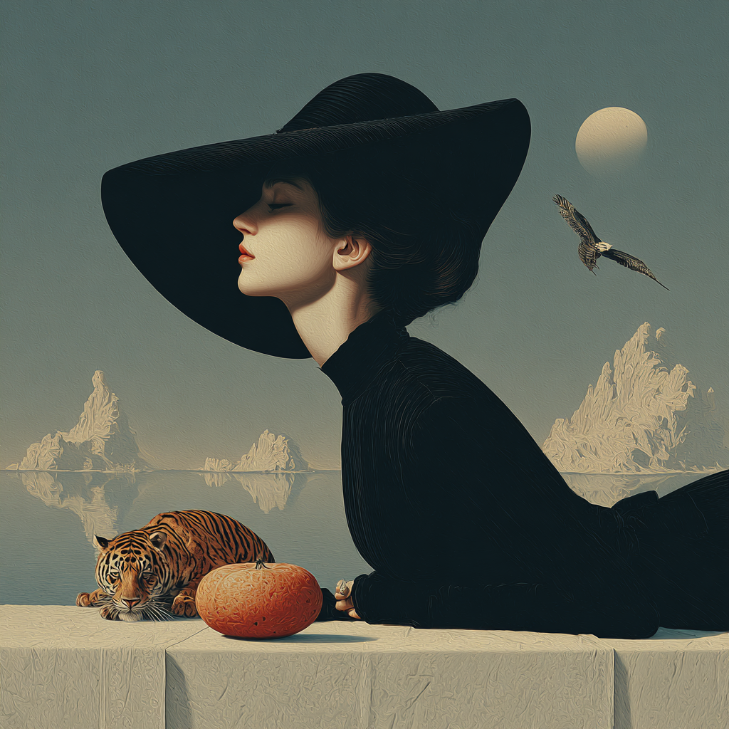 Eine elegante Frau mit großem schwarzem Hut liegt ruhig neben einem Tiger und einer Frucht, vor einer surrealen Landschaft mit Eisbergen und Mond – Sinnbild für Stärke und Stille.

