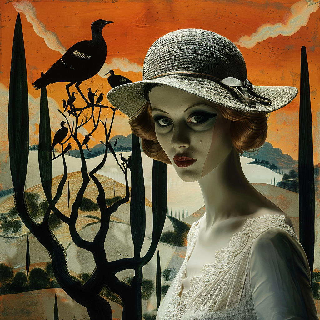 Surrealistische digitale Kunst: Frau mit Hut in Landschaft mit Vögeln und orangenem Himmel – Symbol für Stille und Geheimnis.
