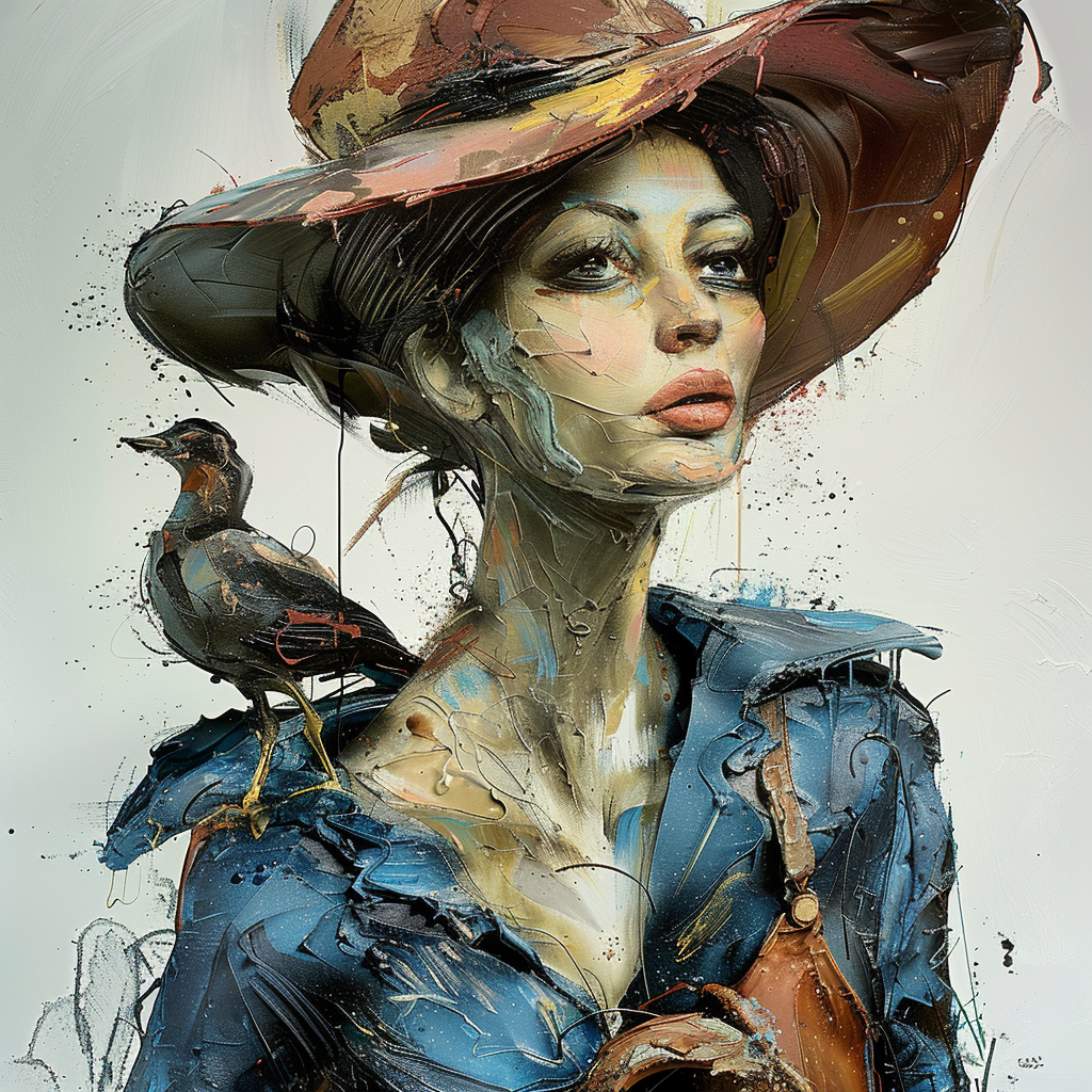 Ausdrucksstarkes Porträt einer Frau mit Hut und Vogel auf der Schulter in pastoser Maltechnik
