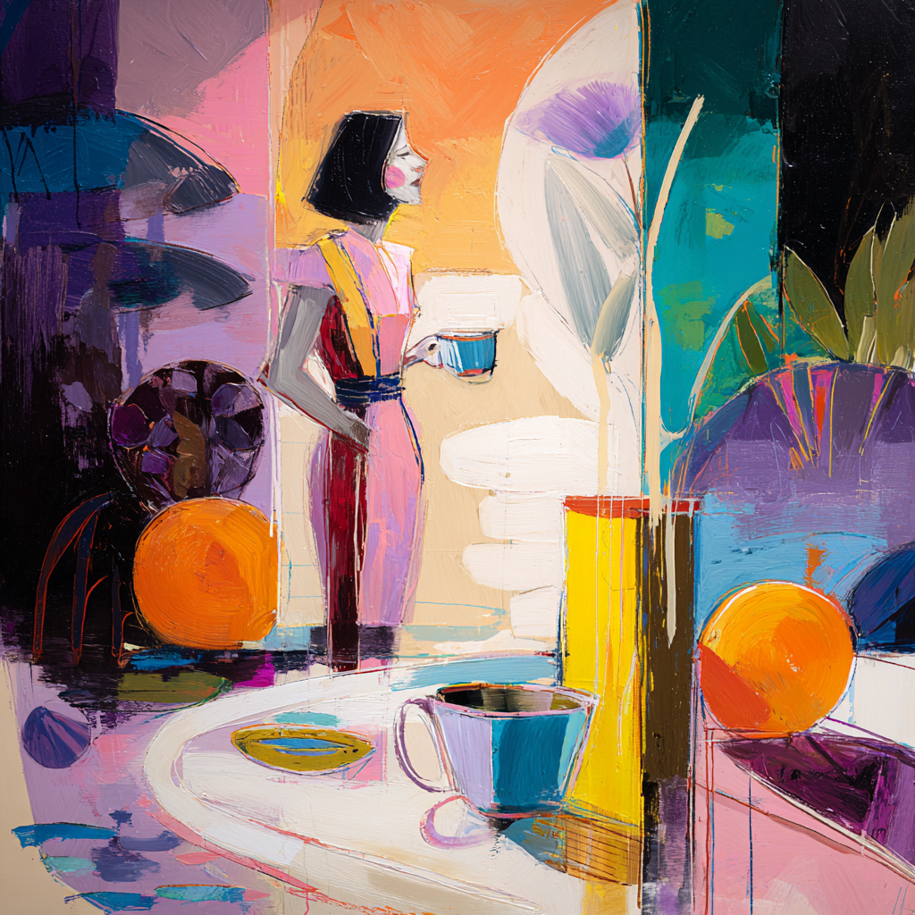 Abstraktes Gemälde einer Frau mit Kaffeetasse in lebhaften Farben
