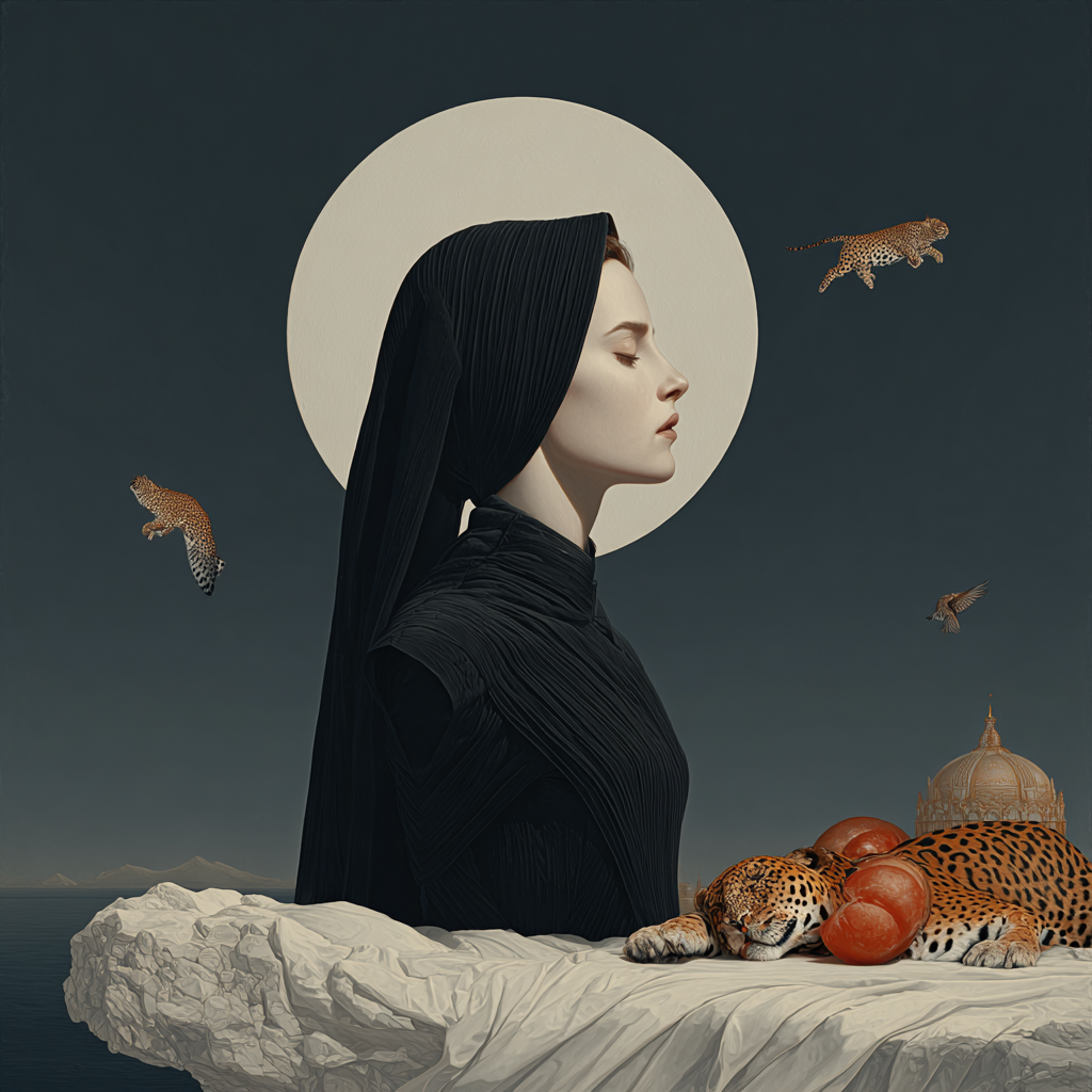 Eine Frau in schwarzer Kleidung sitzt ruhig vor einem hellen Mond, neben einem schlafenden Leoparden – Symbol für Würde, Stille und innere Stärke in surrealer Harmonie.
