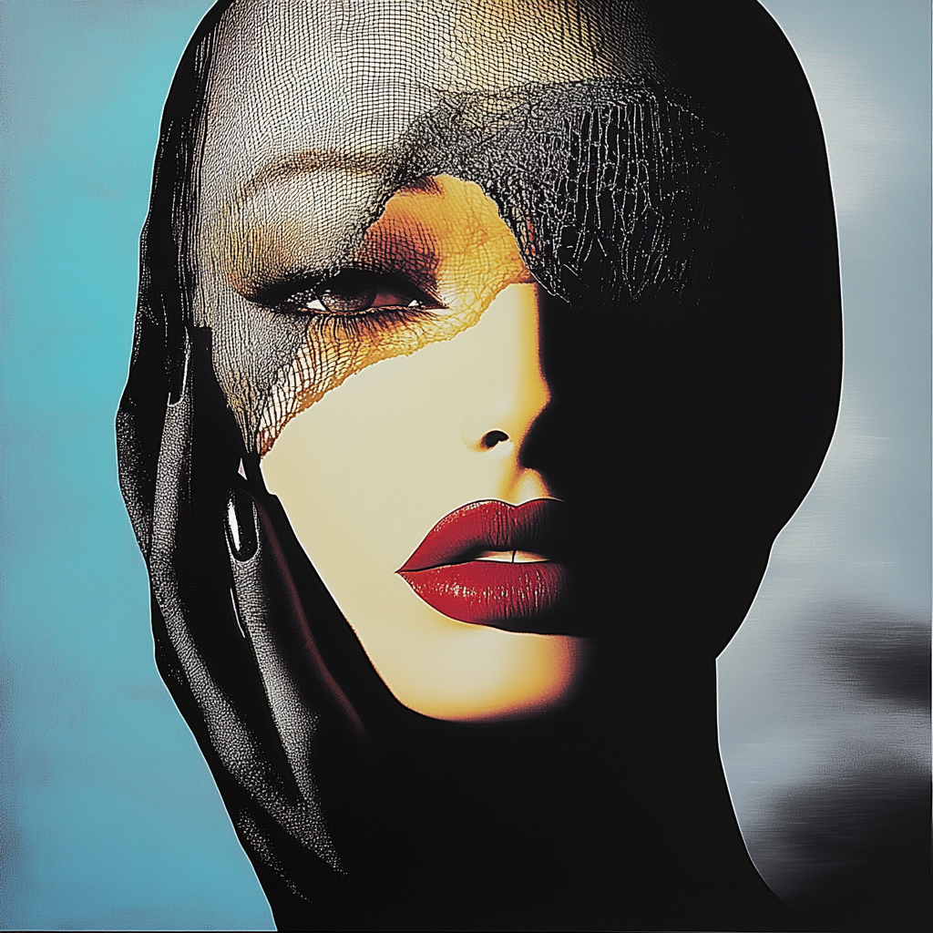 Porträt einer Frau mit Schleier und roten Lippen vor blauem Hintergrund
