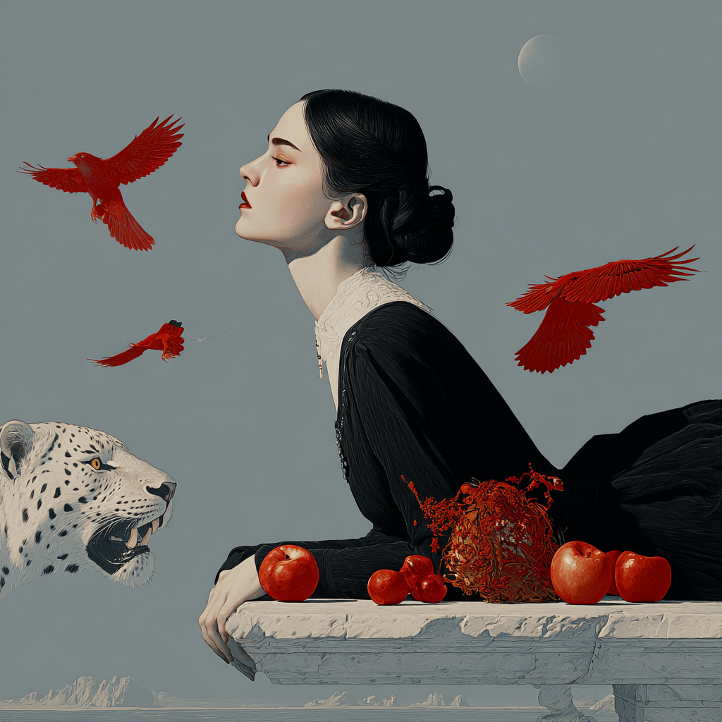 Eine Frau in schwarzem Kleid liegt ruhig neben einem weißen Leoparden, während rote Vögel um sie fliegen – Symbol für Kontrast, Stärke und stille Leidenschaft.
