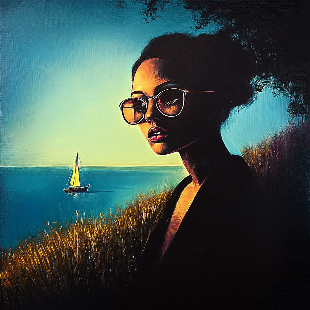 Porträt einer Frau mit Sonnenbrille vor Meer und Segelboot im warmen Abendlicht
