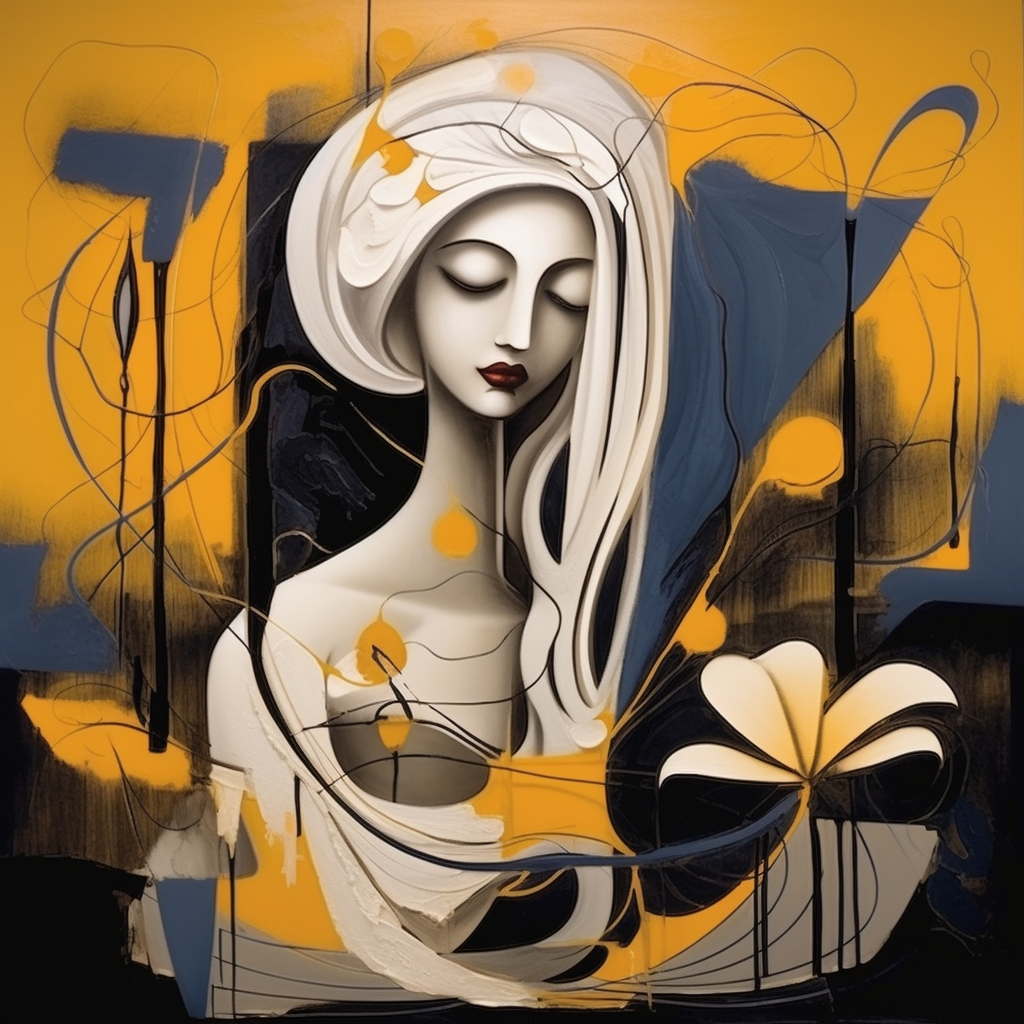 Stilisiertes Porträt einer Frau mit weißen Haaren und Blume vor orange-schwarzem Hintergrund
