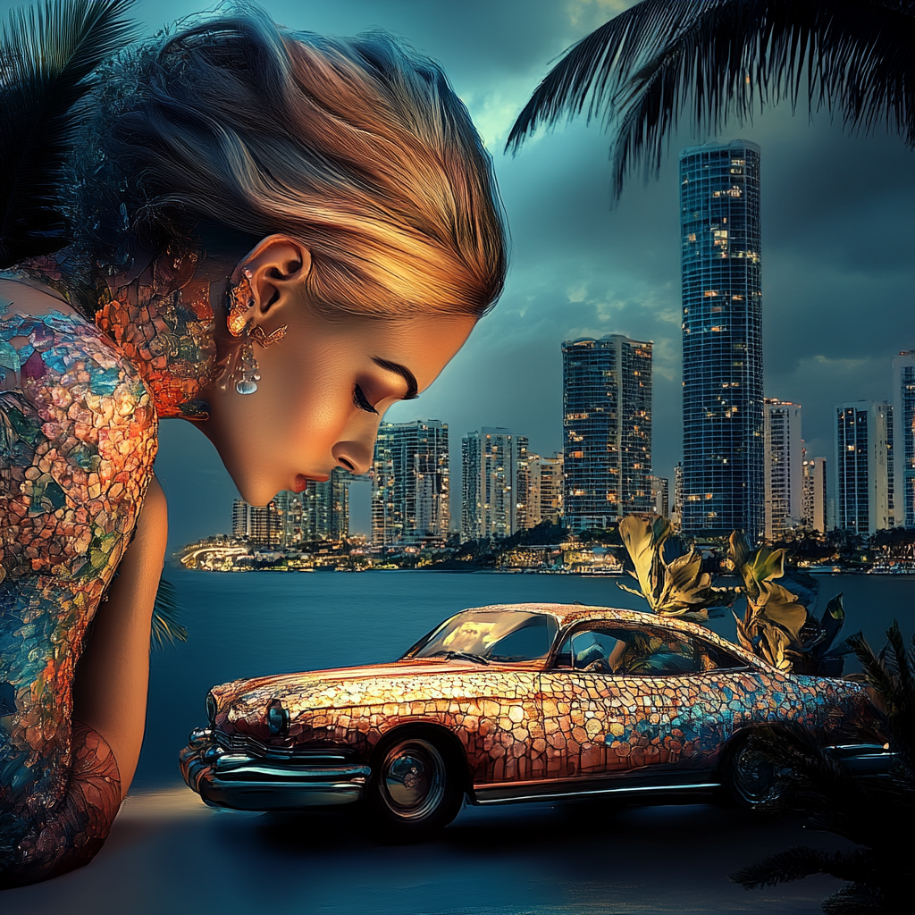 Frau mit schimmernder Mosaikhaut blickt über ein glänzendes Auto vor einer nächtlichen Skyline – digitale Kunst mit futuristischer Atmosphäre.
