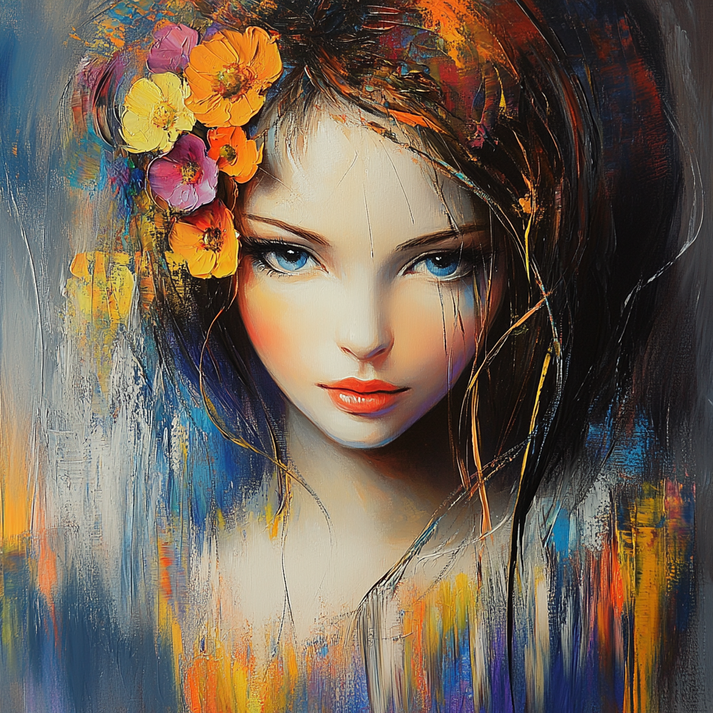 Porträt einer Frau mit blauen Augen und bunten Blumen im Haar – digitale Kunst in kräftigen Farben und ausdrucksstarkem Stil.
