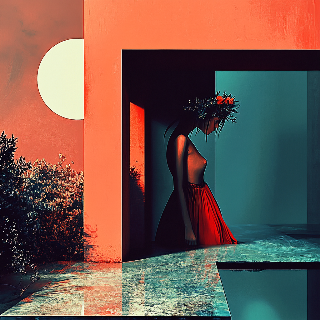 Frau mit rotem Rock und Blumenkranz steht im Schatten einer modernen Architektur, beleuchtet vom warmen Sonnenlicht – minimalistische digitale Kunst.
