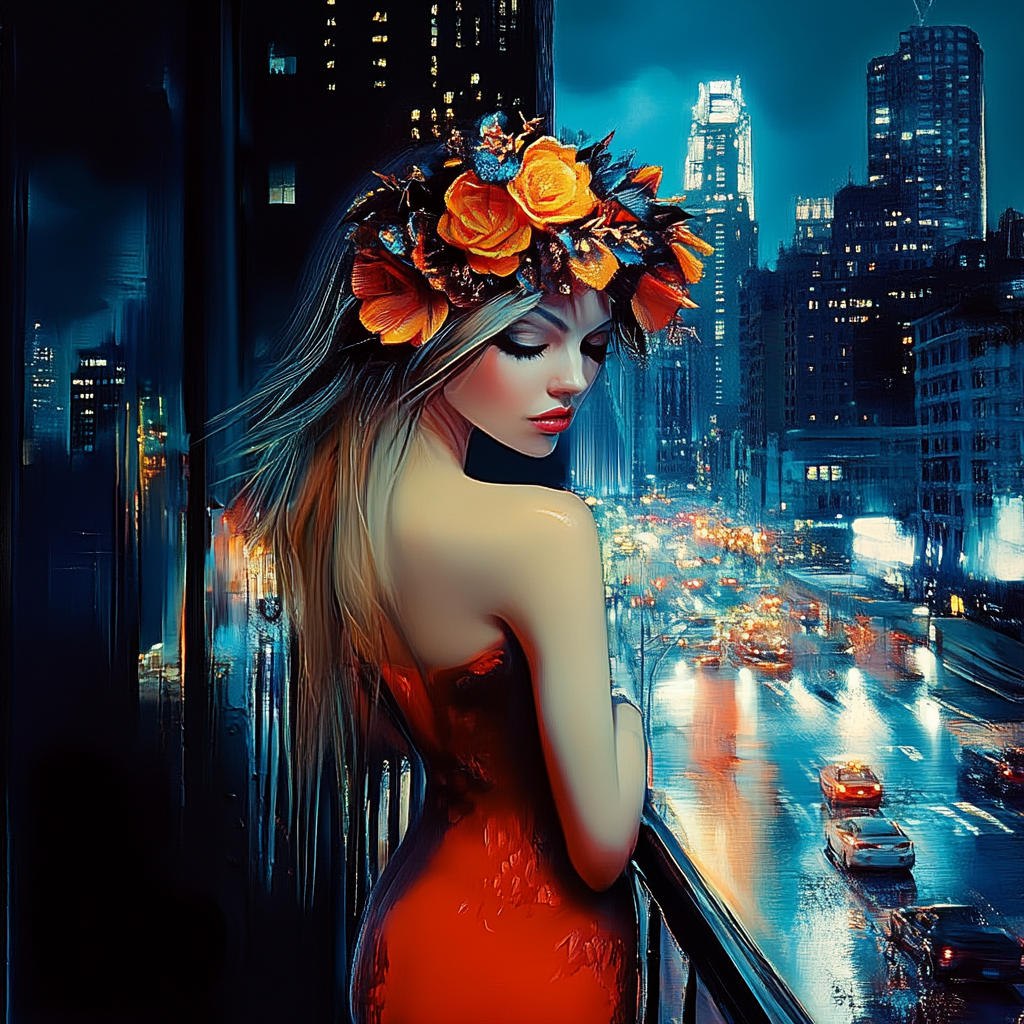 Frau in rotem Kleid mit Blumenkranz steht auf einem Balkon über einer leuchtenden Großstadt bei Nacht – digitale Kunst mit Licht, Farbe und Atmosphäre.

