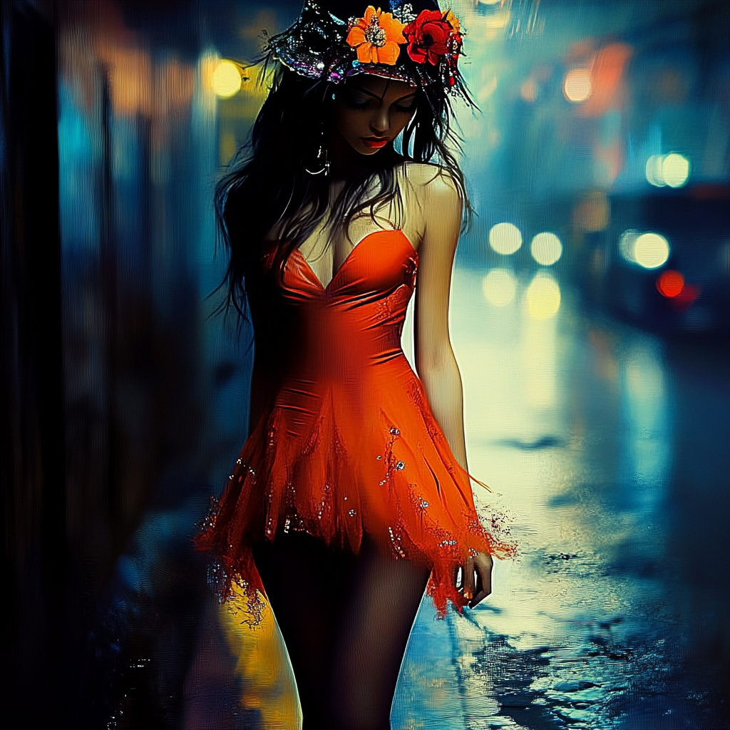 Frau in rotem Kleid mit Blumenkranz geht durch eine regennasse Straße bei Nacht – digitale Kunst mit leuchtenden Farben und melancholischer Stimmung.
