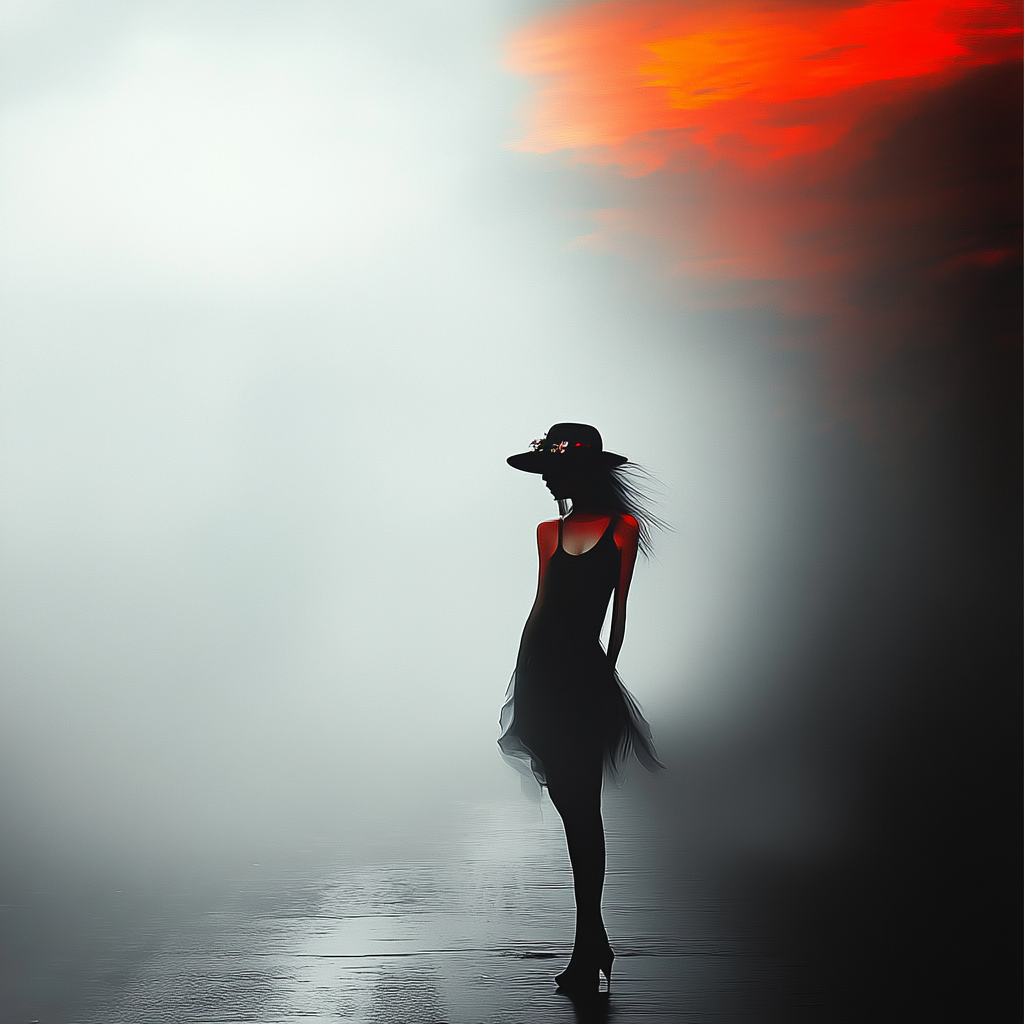 Silhouette einer Frau im schwarzen Kleid mit Hut steht im Nebel, rotes Licht am Horizont – geheimnisvolle, surreale digitale Kunst.
