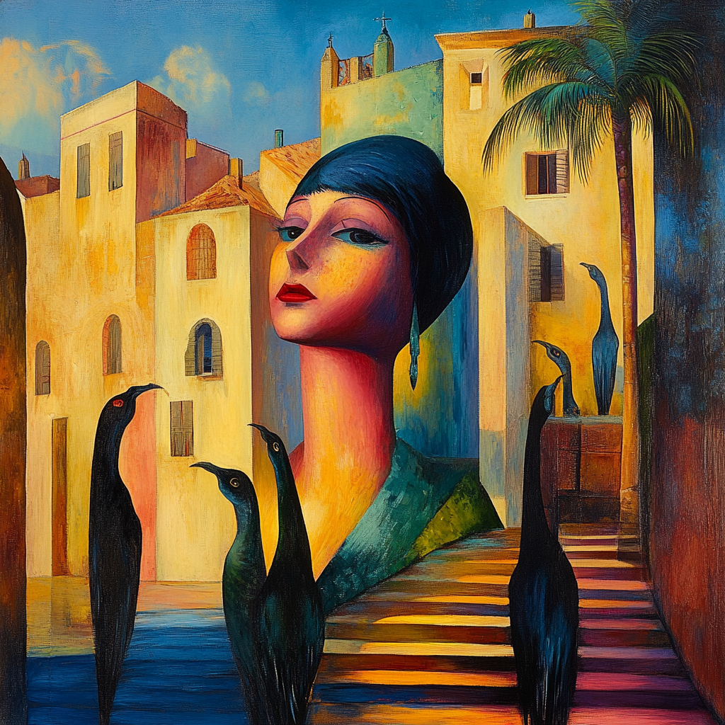 Surreales Gemälde einer Frau mit kurzem Haar und blauen Vögeln vor mediterranen Häusern – leuchtende Farben zwischen Gold, Blau und Rot.
