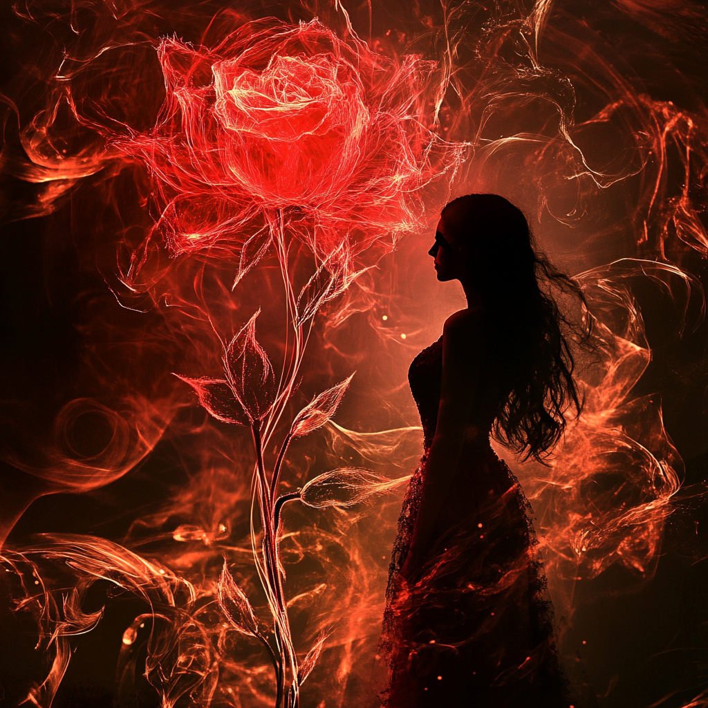 Silhouette einer Frau vor einer glühenden roten Rose aus Licht und Energie – fantasievolles Kunstwerk voller Leidenschaft und Mystik.
