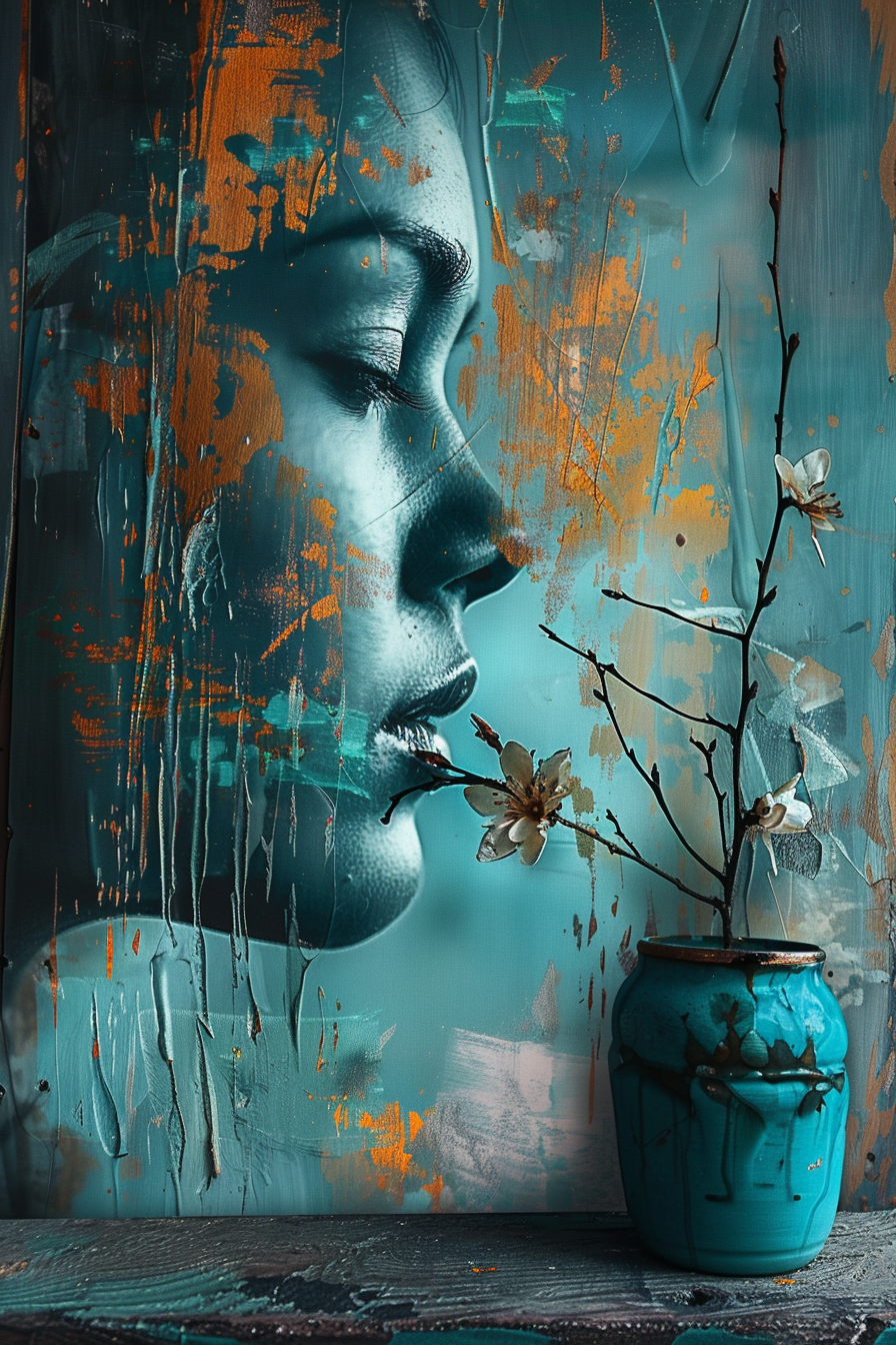 Abstraktes Porträt einer Frau mit geschlossenen Augen und Blüte
