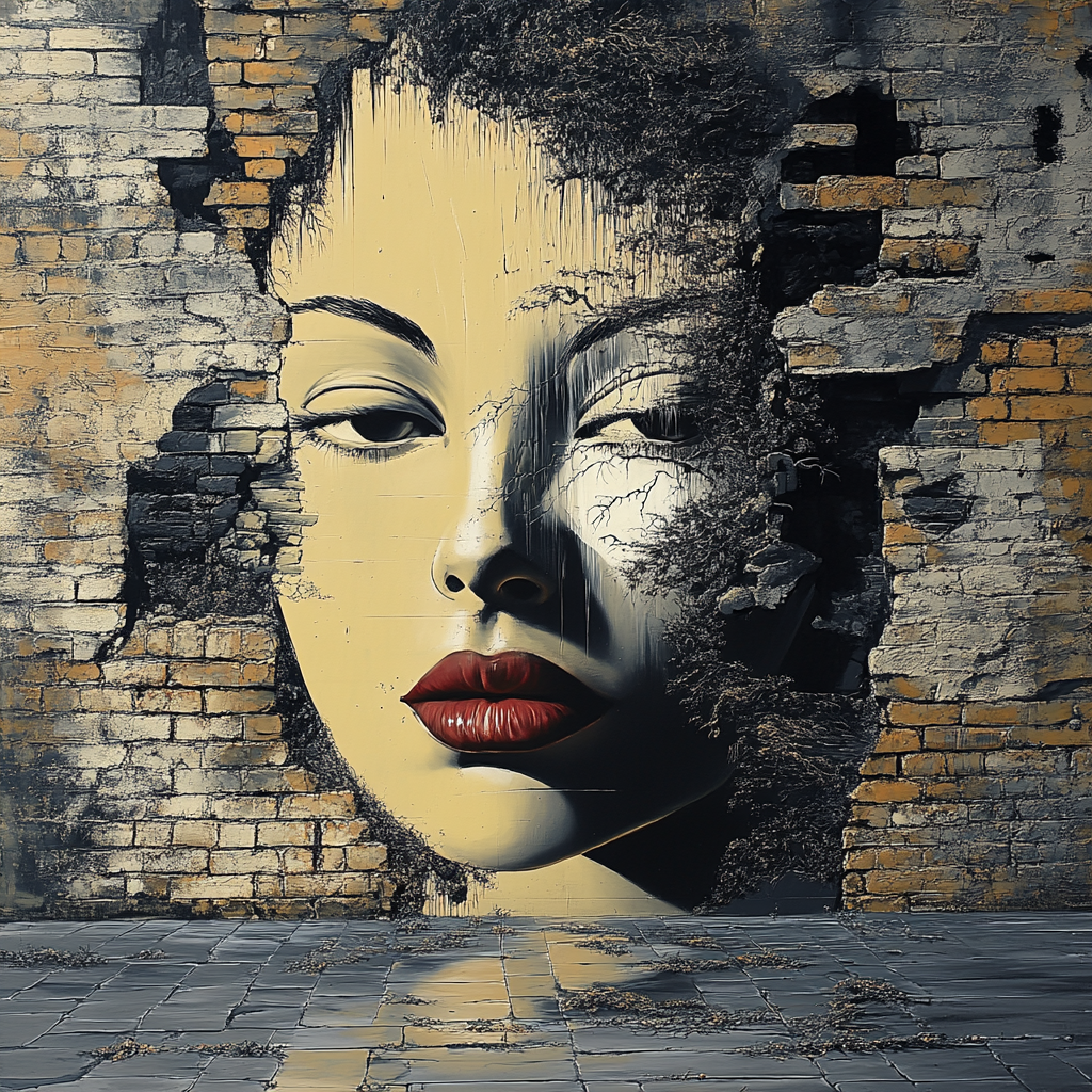 Porträt einer Frau mit roten Lippen, das in eine bröckelnde Mauer integriert ist – digitale Kunst im Streetart-Stil mit realistischer Struktur.
