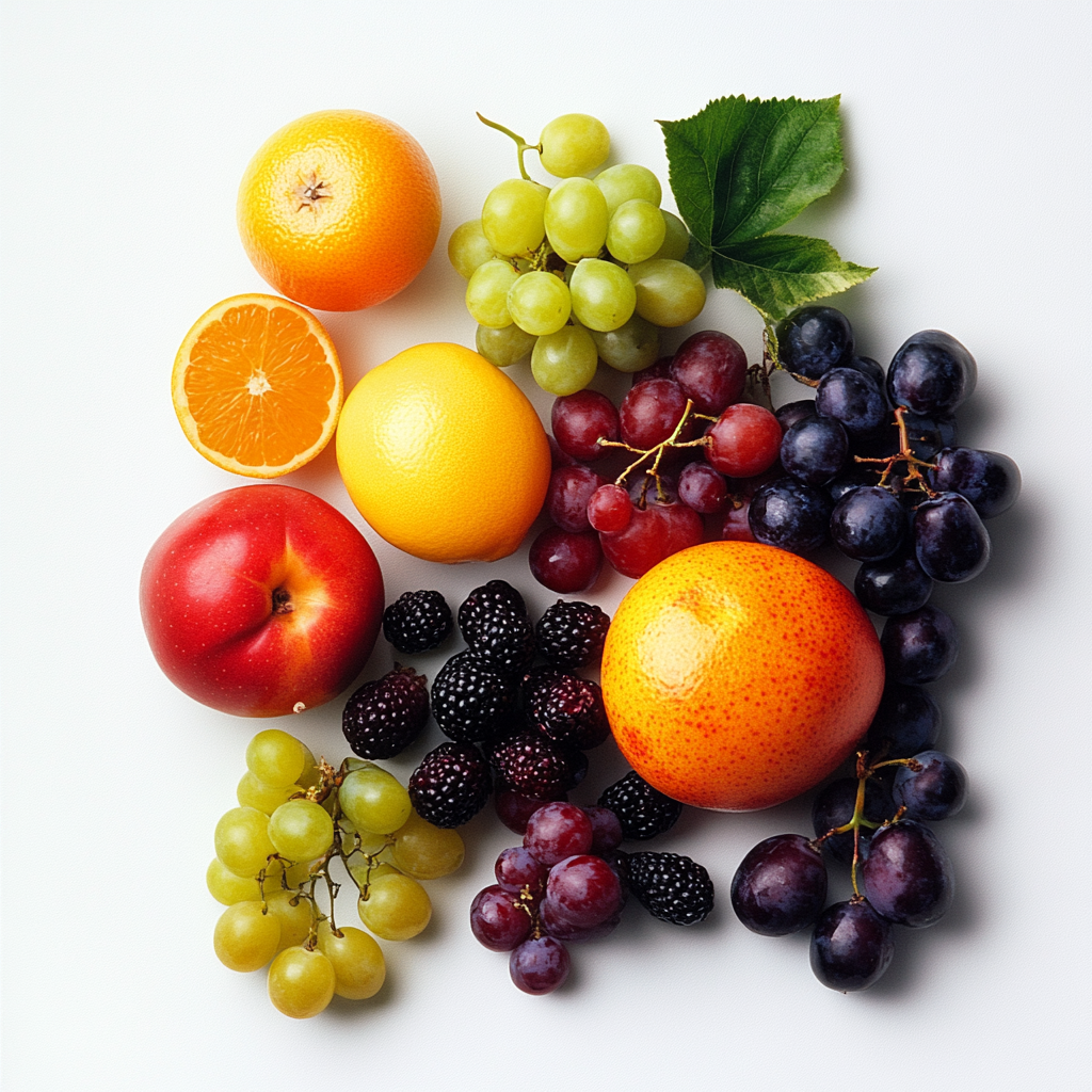 Verschiedene Früchte wie Trauben, Orangen, Apfel und Brombeeren liegen in einer harmonischen Anordnung auf weißem Hintergrund
