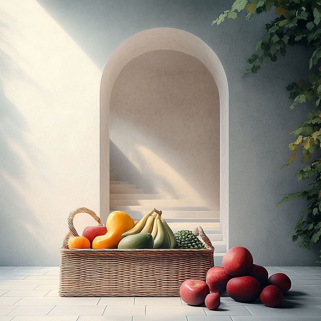 Fruchtkorb mit Äpfeln, Bananen und Kürbis vor heller mediterraner Architektur mit Rundbogen
