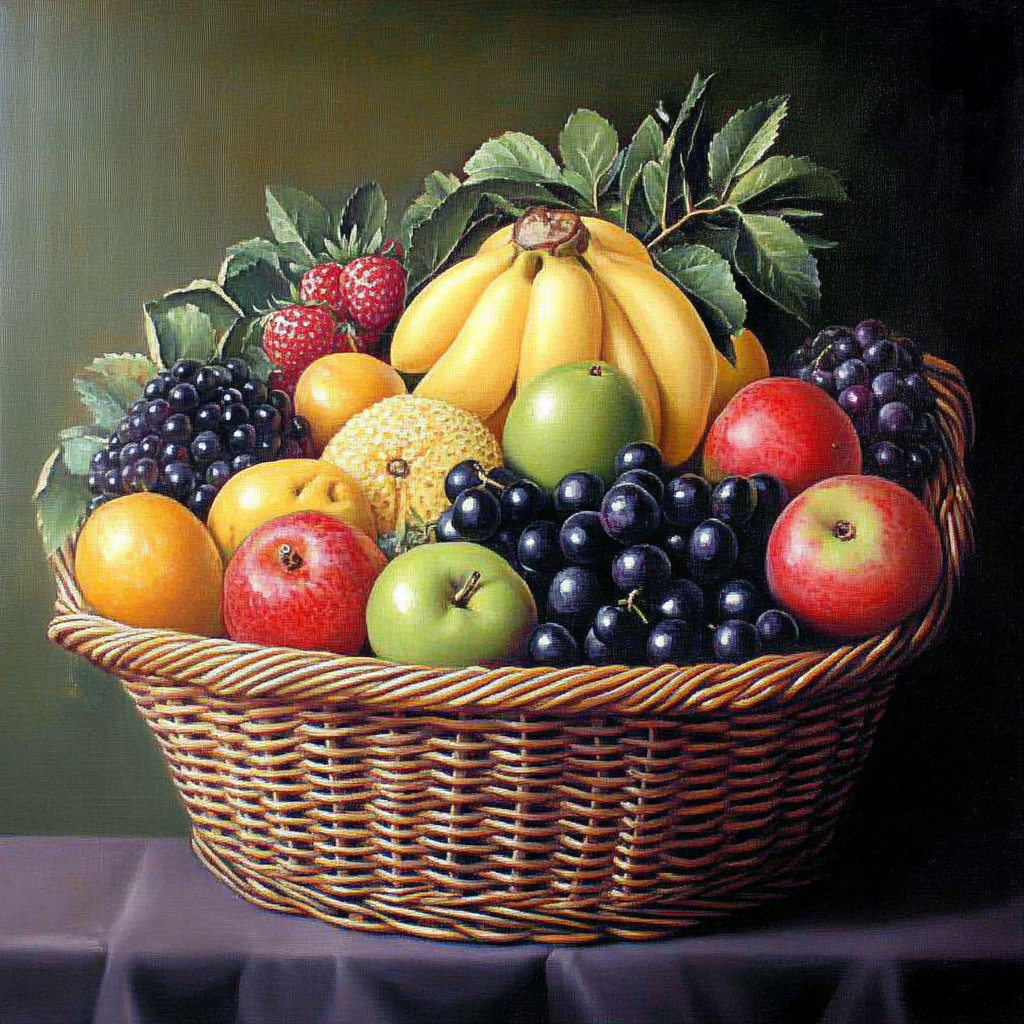 Ölgemälde eines geflochtenen Korbs voller Früchte wie Äpfel, Bananen, Trauben, Orangen und Beeren auf dunklem Hintergrund
