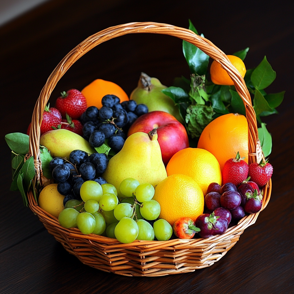 Ein geflochtener Korb voller frischer Früchte wie Trauben, Birnen, Orangen, Erdbeeren und Äpfel auf dunklem Holztisch
