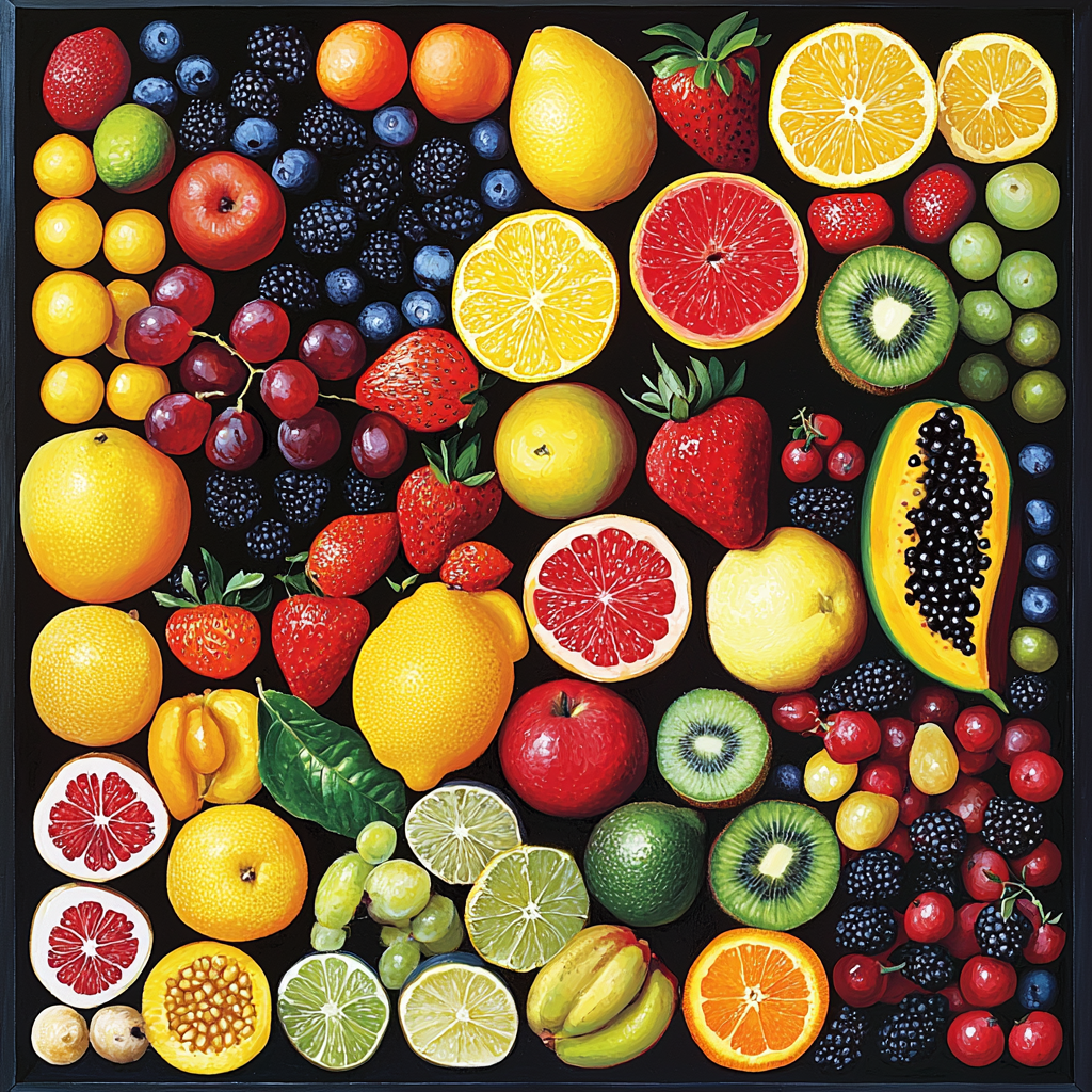 Buntes Fruchtmosaik mit Zitronen, Orangen, Kiwis, Beeren und Papaya auf schwarzem Hintergrund
