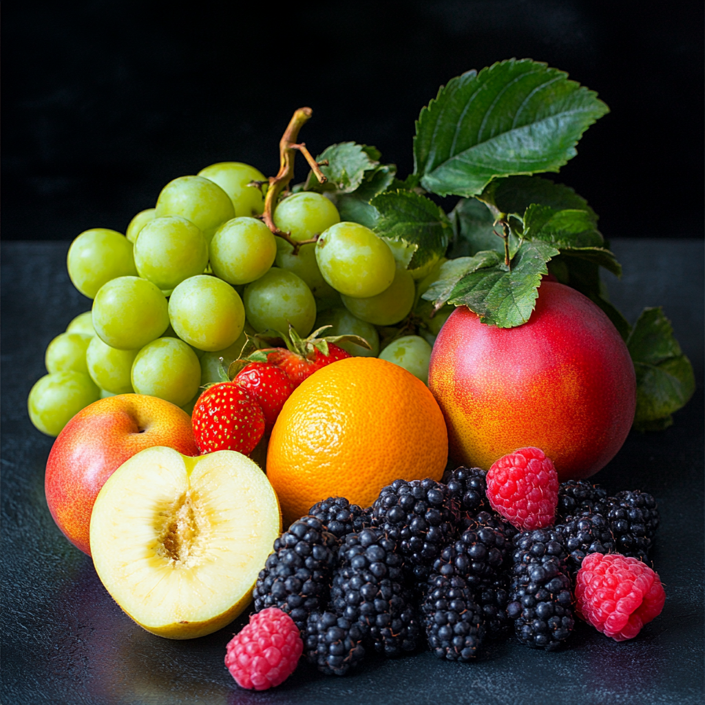 Fotografie eines bunten Arrangements aus Trauben, Pfirsichen, Brombeeren, Himbeeren, Erdbeeren und Orangen auf dunklem Hintergrund
