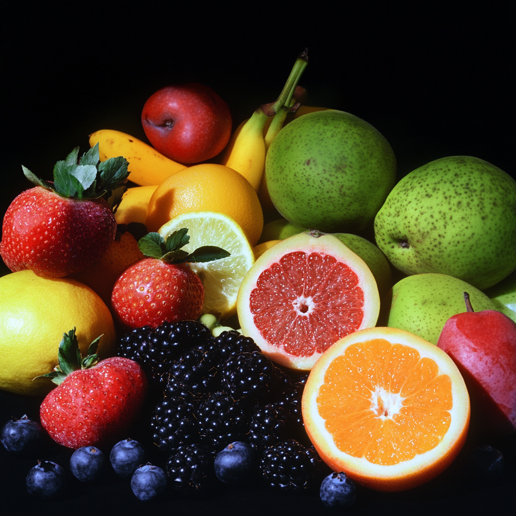 Fotografie eines bunten Arrangements aus Früchten wie Beeren, Orangen, Zitronen, Äpfeln, Birnen und Bananen auf dunklem Hintergrund
