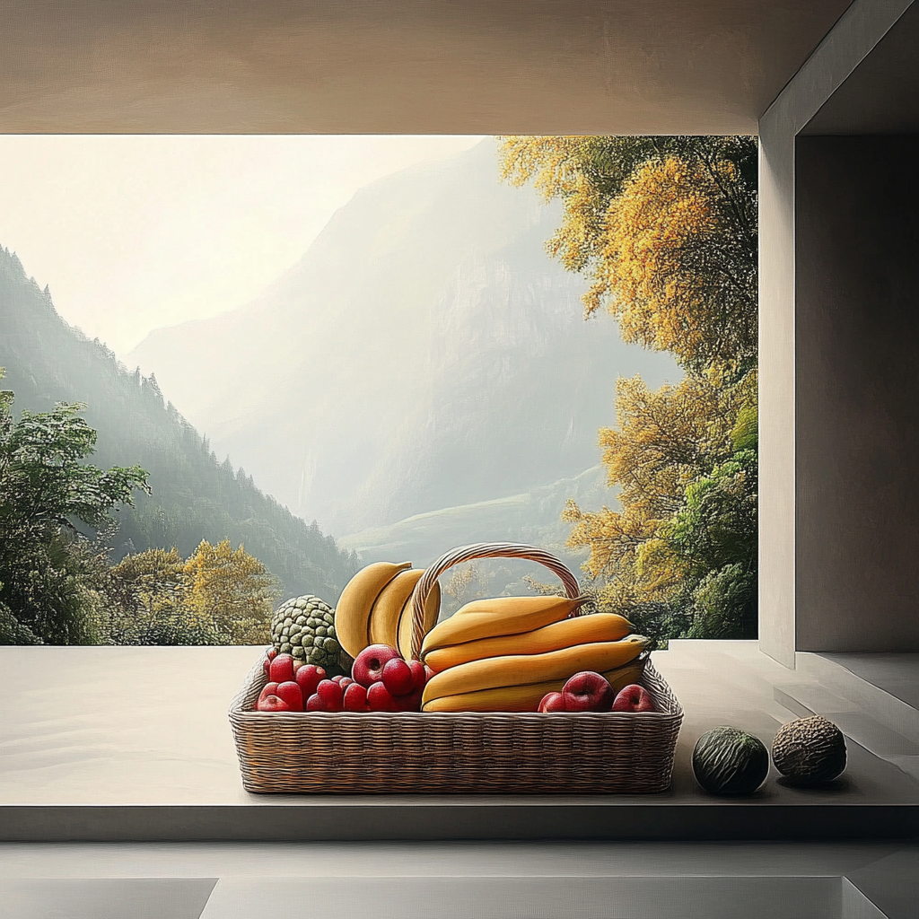 Ein geflochtener Korb voller Früchte wie Bananen, Äpfel und Kirschen steht auf einer Fensterbank mit Blick auf eine neblige Berglandschaft
