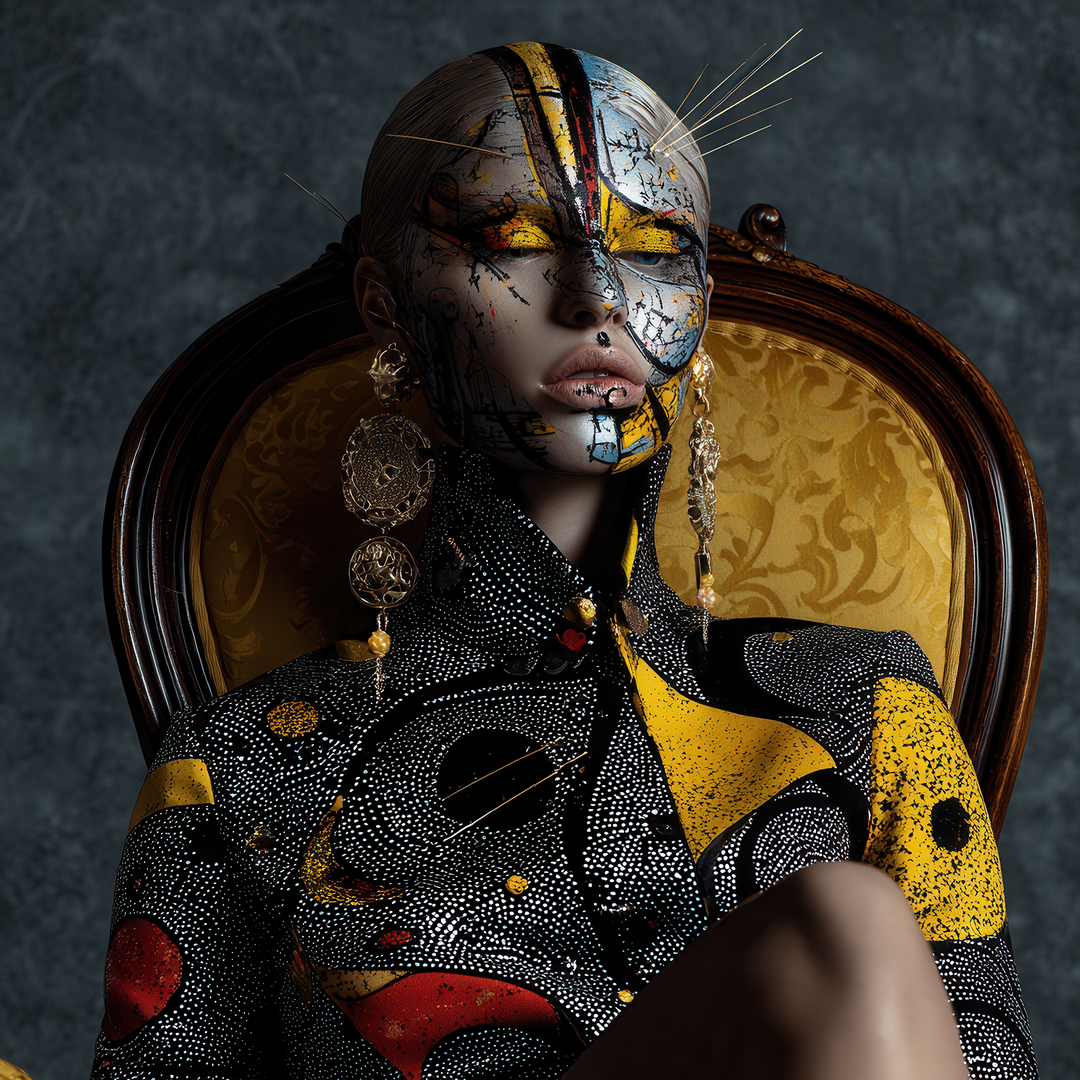 Frau mit futuristischem, farbigem Gesichtskunstwerk und abstraktem Fashion-Outfit.
