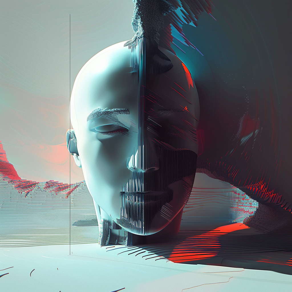 Abstraktes digitales Porträt eines Gesichts in futuristischem Stil – Mischung aus Licht, Schatten und geometrischen Strukturen.
