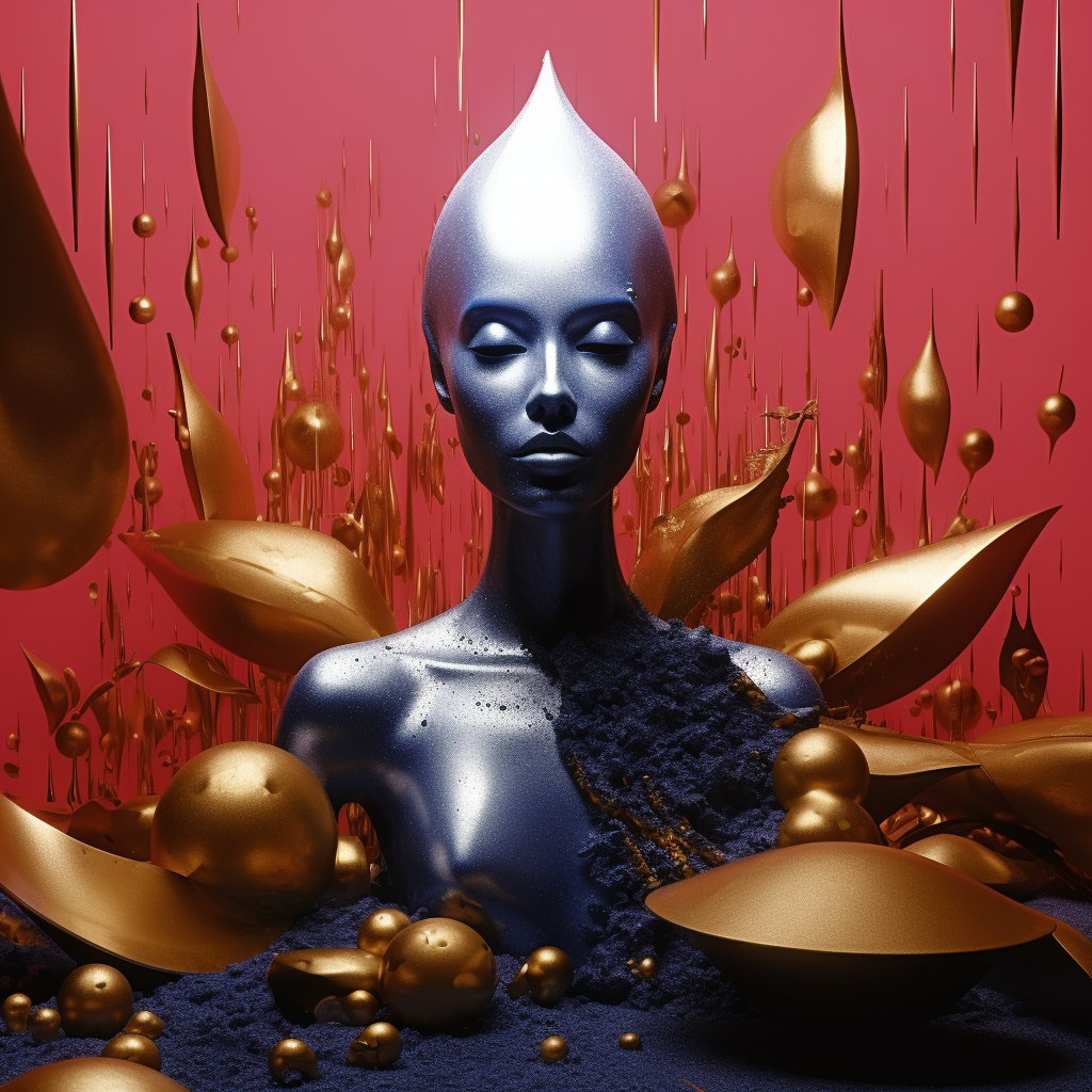 Futuristisches Porträt in Silber und Gold mit geschlossenen Augen, umgeben von schwebenden Formen vor rotem Hintergrund.

