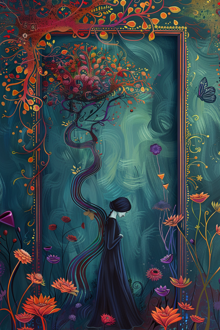 Eine Frau in dunkler Kleidung steht nachdenklich in einem leuchtenden, surrealen Garten voller bunter Blumen und verschnörkelter Linien, während aus ihrem Rücken ein Baum mit leuchtenden Blättern wächst.
