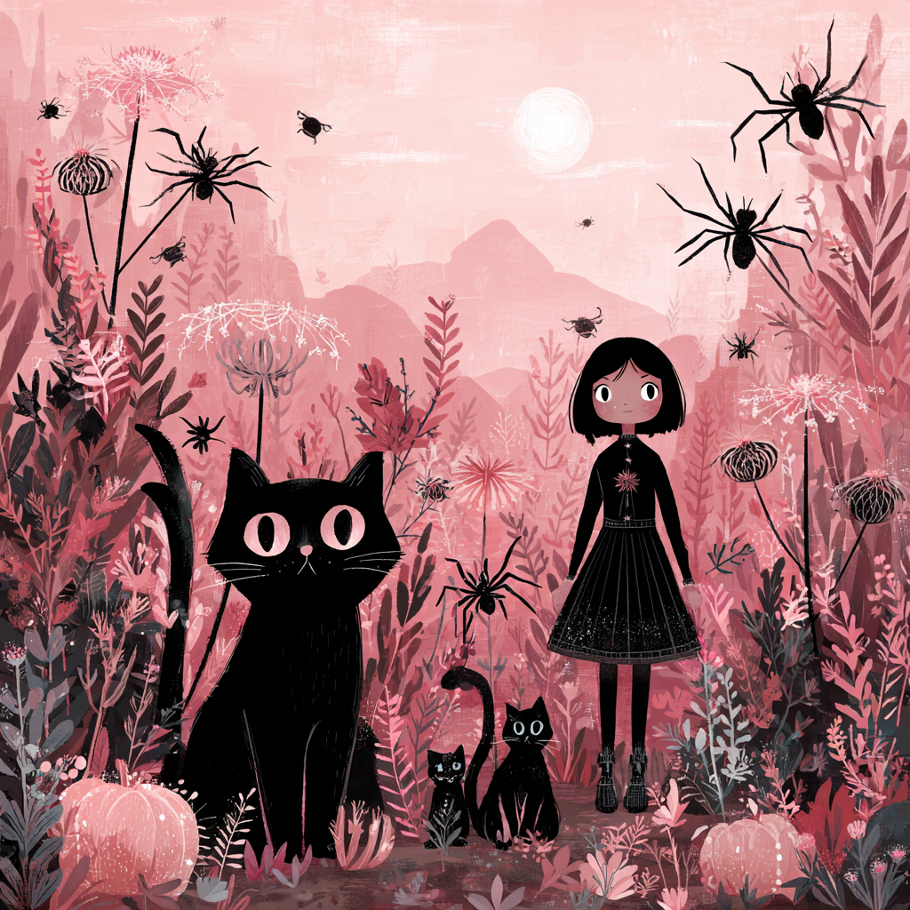 Illustration eines Mädchens mit drei schwarzen Katzen in einem rosa Garten voller Pflanzen, Spinnen und Insekten – eine märchenhaft-düstere Szene im Abendlicht.
