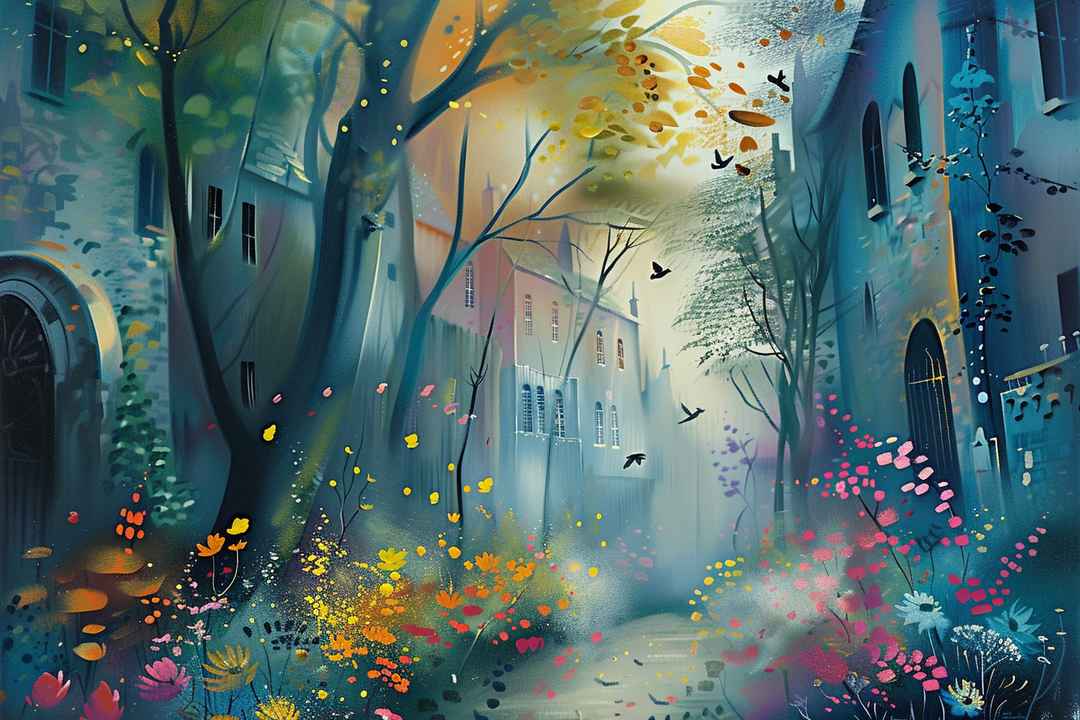 Malerische Szene eines verwunschenen Gartens mit bunten Blumen, hohen Bäumen und sanftem Licht zwischen alten Gebäuden – eine poetische Darstellung von Ruhe und Natur.
