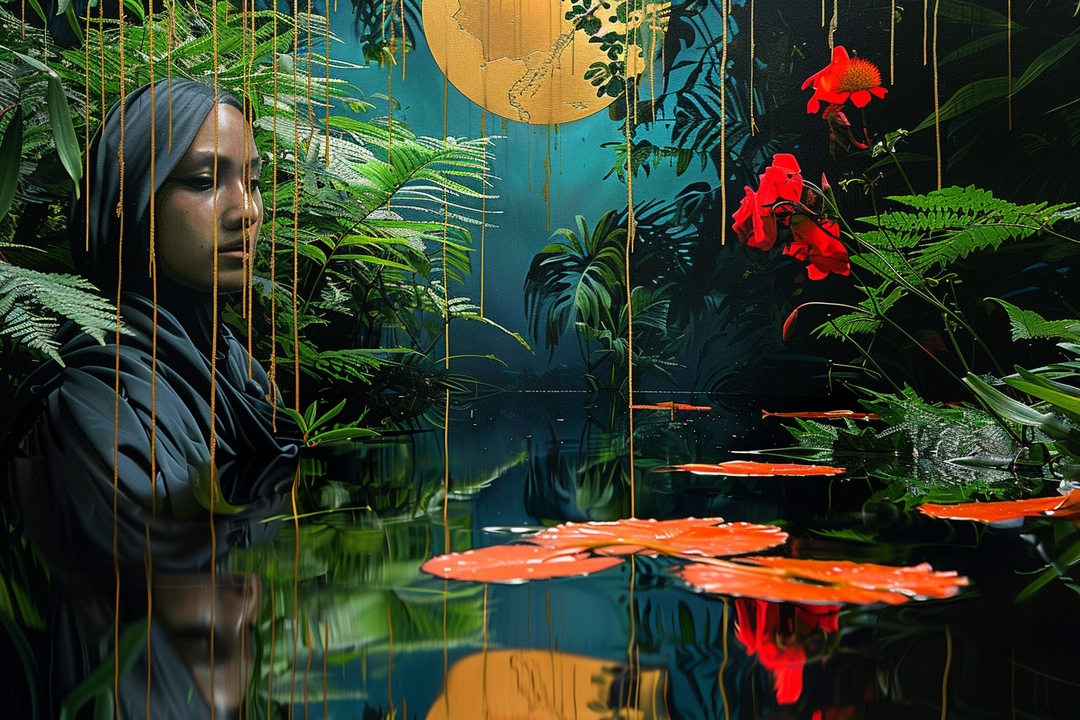 Surreale Szene einer Frau in dunkler Kleidung, umgeben von tropischer Vegetation und roten Blüten. Über ihr leuchtet eine goldene Sonne; das Wasser spiegelt Pflanzen und Farben – Symbol für Einkehr und Harmonie mit der Natur.
