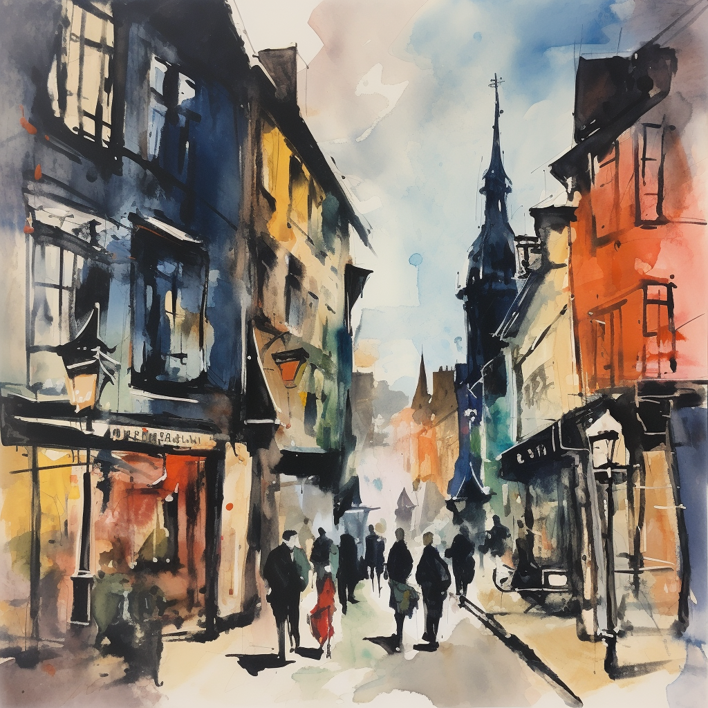 Stimmungsvolle Aquarellmalerei einer belebten Altstadtgasse mit Menschen, historischen Gebäuden und weichem Licht in warmen und kühlen Farbtönen.

