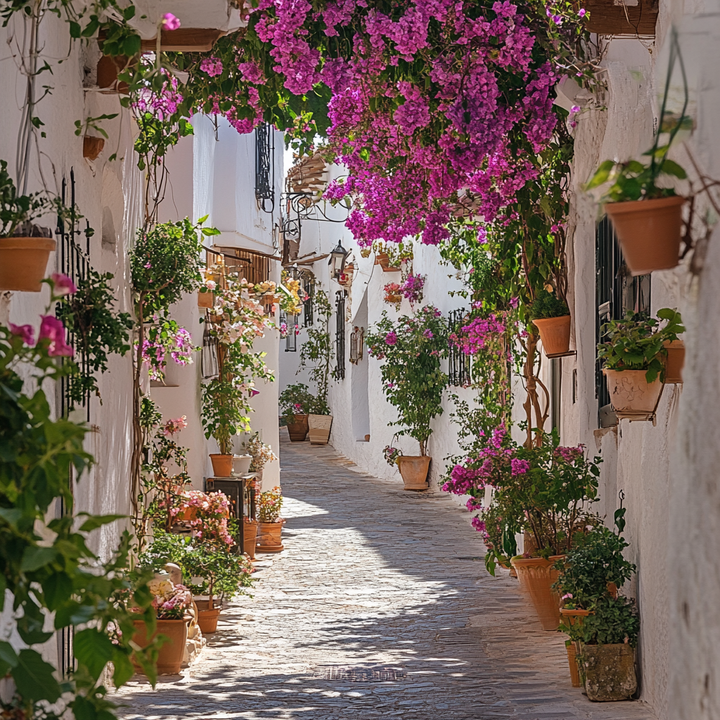 blumengeschmückte gasse mit weißen häusern und violetten bougainvillea

