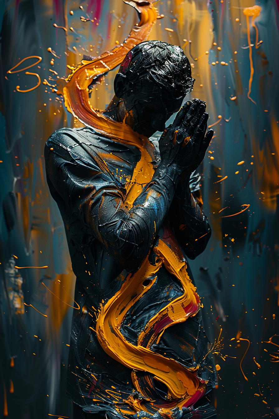 Surreale, dunkle Figur in Gebetshaltung, umflossen von orange-goldener Farbe – Symbol für Hingabe, Transformation und inneres Licht.
