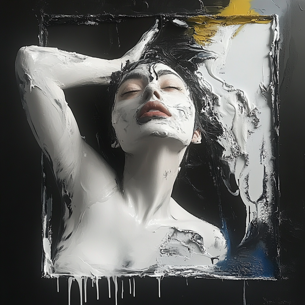 Frau mit weißem, pastosen Farbauftrag auf Haut und Gesicht, die aus einem gemalten Rahmen herauszubrechen scheint – ein kraftvolles, sinnliches Kunstwerk zwischen Malerei und Skulptur.
