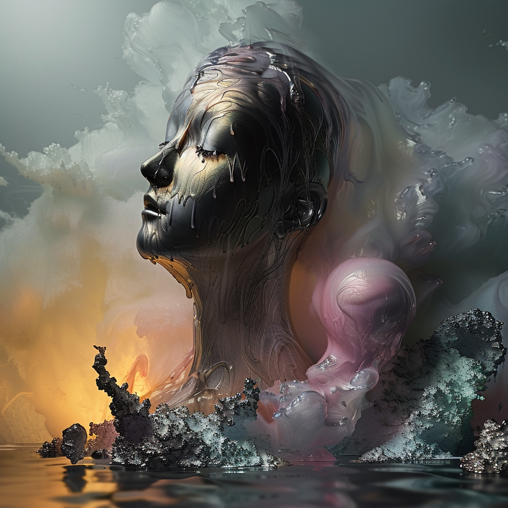 Surreales Porträt eines weiblichen Gesichts, halb aus Metall, halb aus Rauch und Licht geformt – eine schwebende, traumhafte Komposition zwischen Körper, Energie und Transformation.
