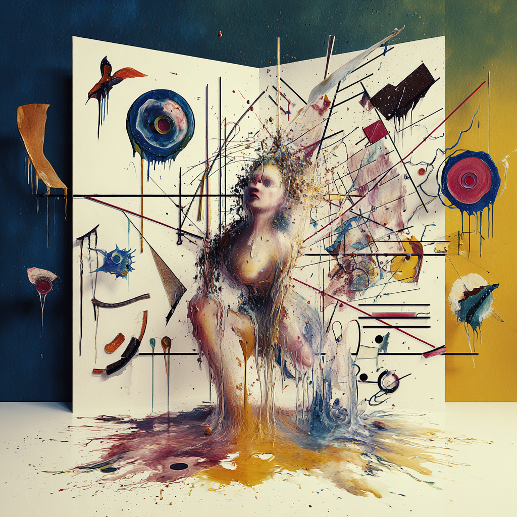 Abstrakt-figürliche Komposition mit einer Frauengestalt, die aus Farbe und Linien hervorzubrechen scheint – geometrische Formen, Tropfen und Explosionen umgeben sie in einem chaotisch-schöpferischen Raum.
